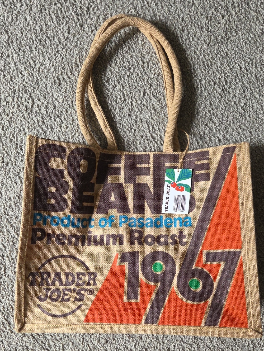NWT Trader Joe's Reusable Burlap Jute Tote Bag Pasadena 1967 Coffee Beans